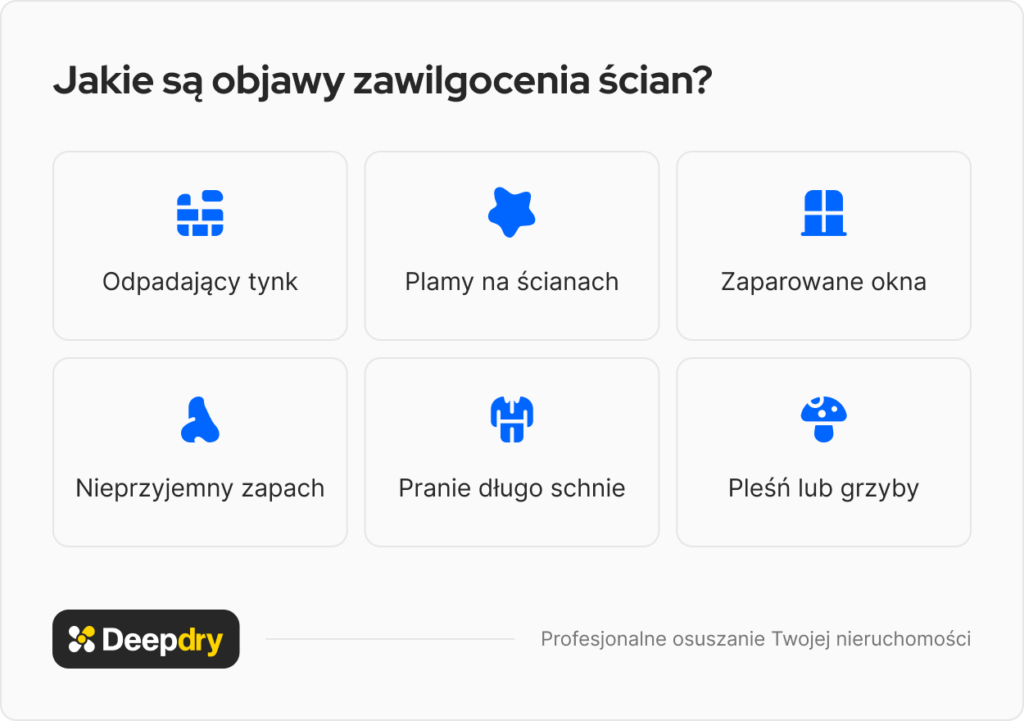 objawy zawilgocenia ścian, objawy wilgoci na ścianach: odpadający tynk, plamy na ścianach, zaparowane okna, nieprzyjemny zapach, pranie długo schnie, pleśń i grzyby