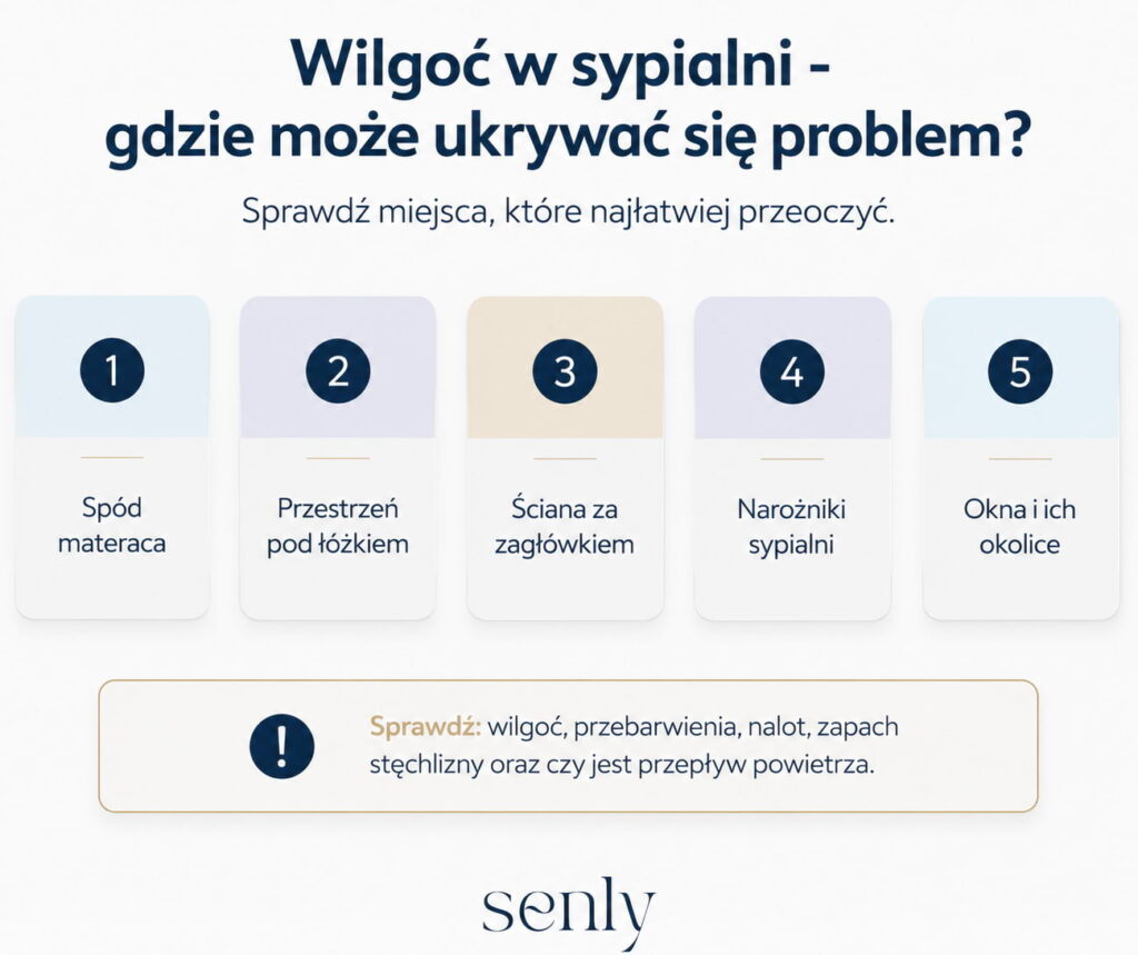 Infografika Wilgoć w sypialni - miejsca narażone na wilgoć i pleśń, w tym spód materaca, przestrzeń pod łóżkiem i okolice okien.